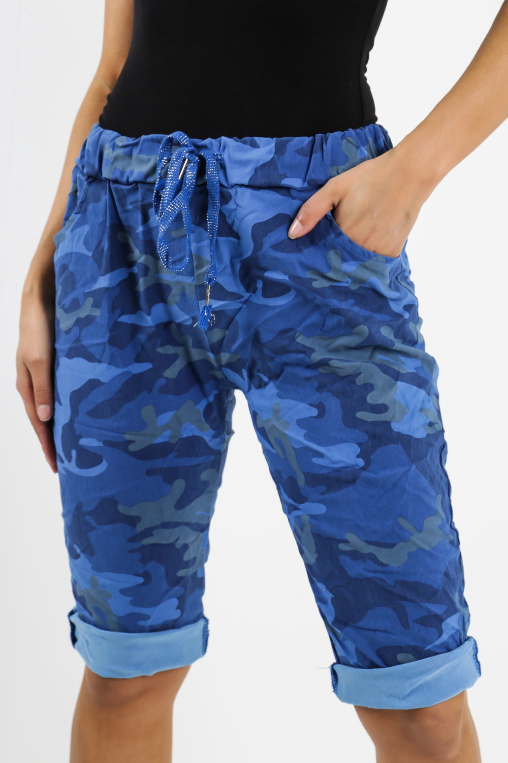 Royal Blue Ladies Italian Stretch Shorts Women's camouflage Plain Magic Comfy Lagenlook Hot Pants 8-22 For Women 8 - Dropwear