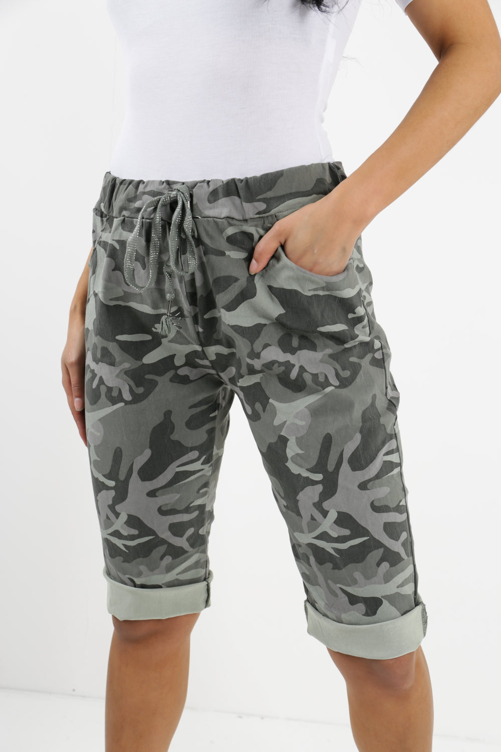Beige Ladies Italian Stretch Shorts Women's camouflage Plain Magic Comfy Lagenlook Hot Pants 8-22 For Women 14 - Dropwear