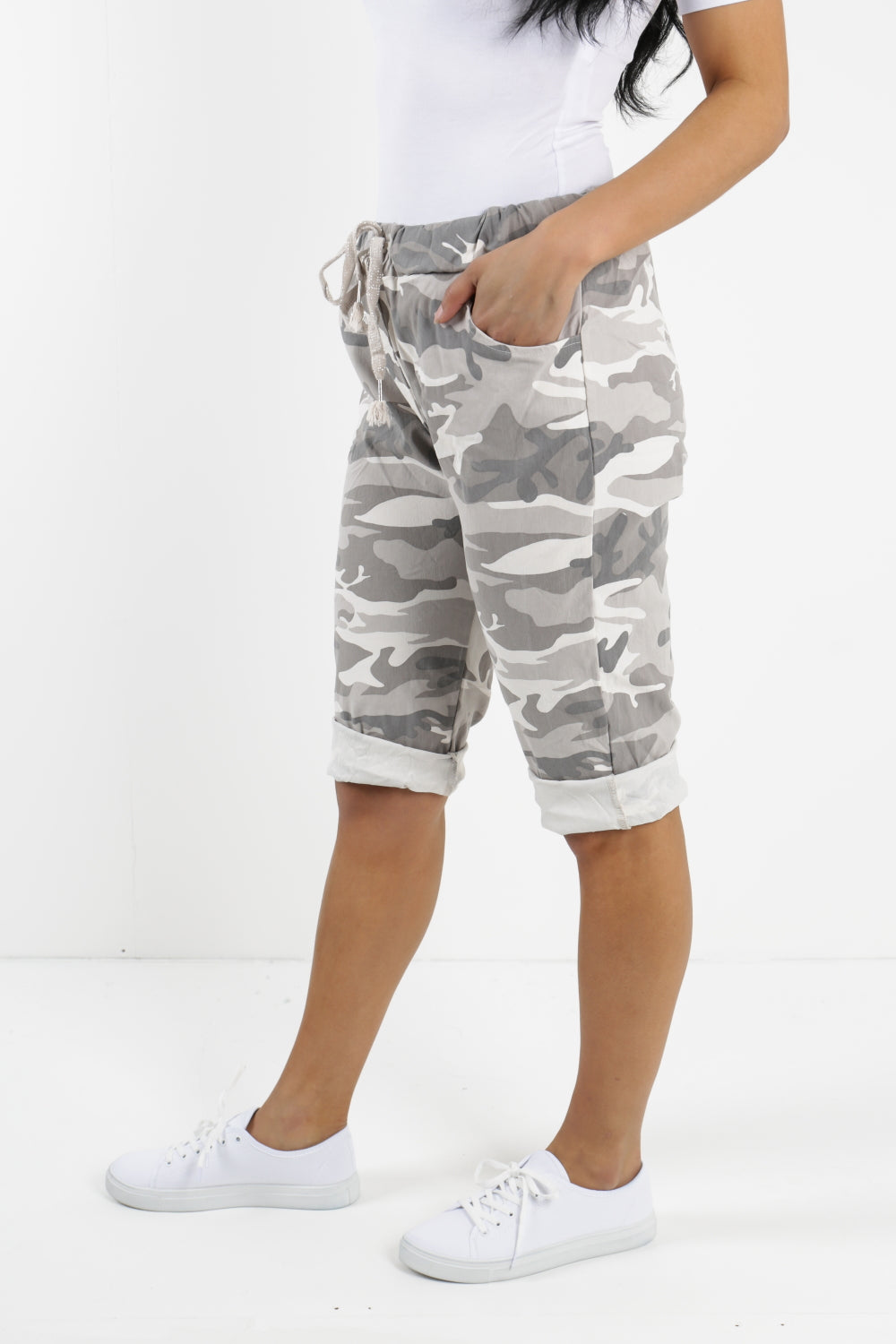 Khaki Ladies Italian Stretch Shorts Women's camouflage Plain Magic Comfy Lagenlook Hot Pants 8-22 For Women 14 - Dropwear