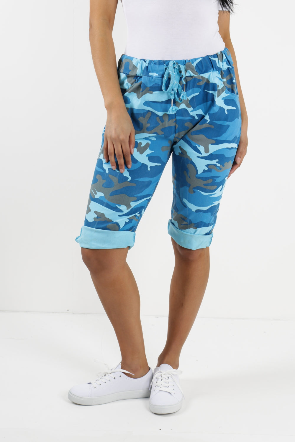 Navy Ladies Italian Stretch Shorts Women's camouflage Plain Magic Comfy Lagenlook Hot Pants 8-22 For Women 12 - Dropwear