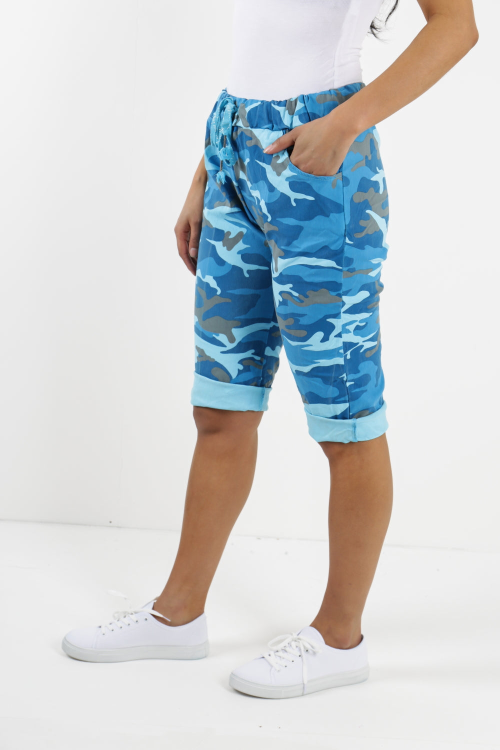 Royal Blue Ladies Italian Stretch Shorts Women's camouflage Plain Magic Comfy Lagenlook Hot Pants 8-22 For Women 12 - Dropwear