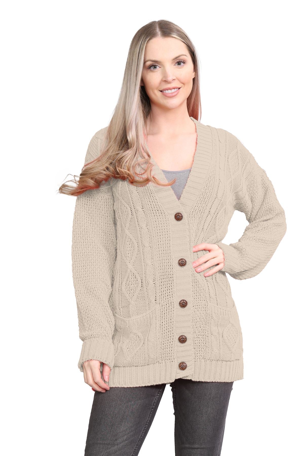 Brown Cable Knitted Button Cardigan For Women 8-10 - Dropwear