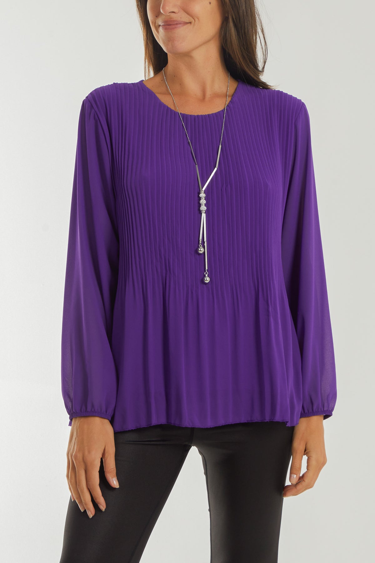 Pleated Long Sleeve Necklace Top For Women  - Dropwear