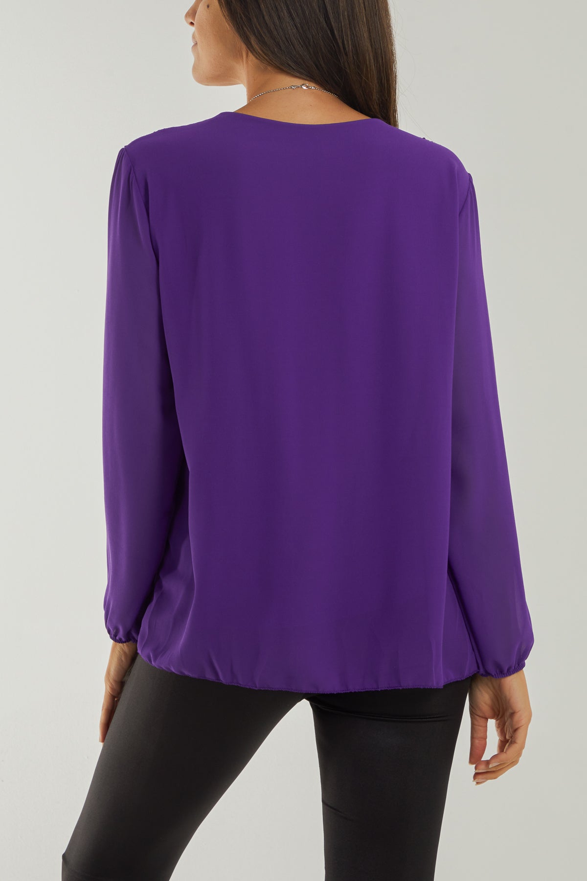 Pleated Long Sleeve Necklace Top For Women  - Dropwear