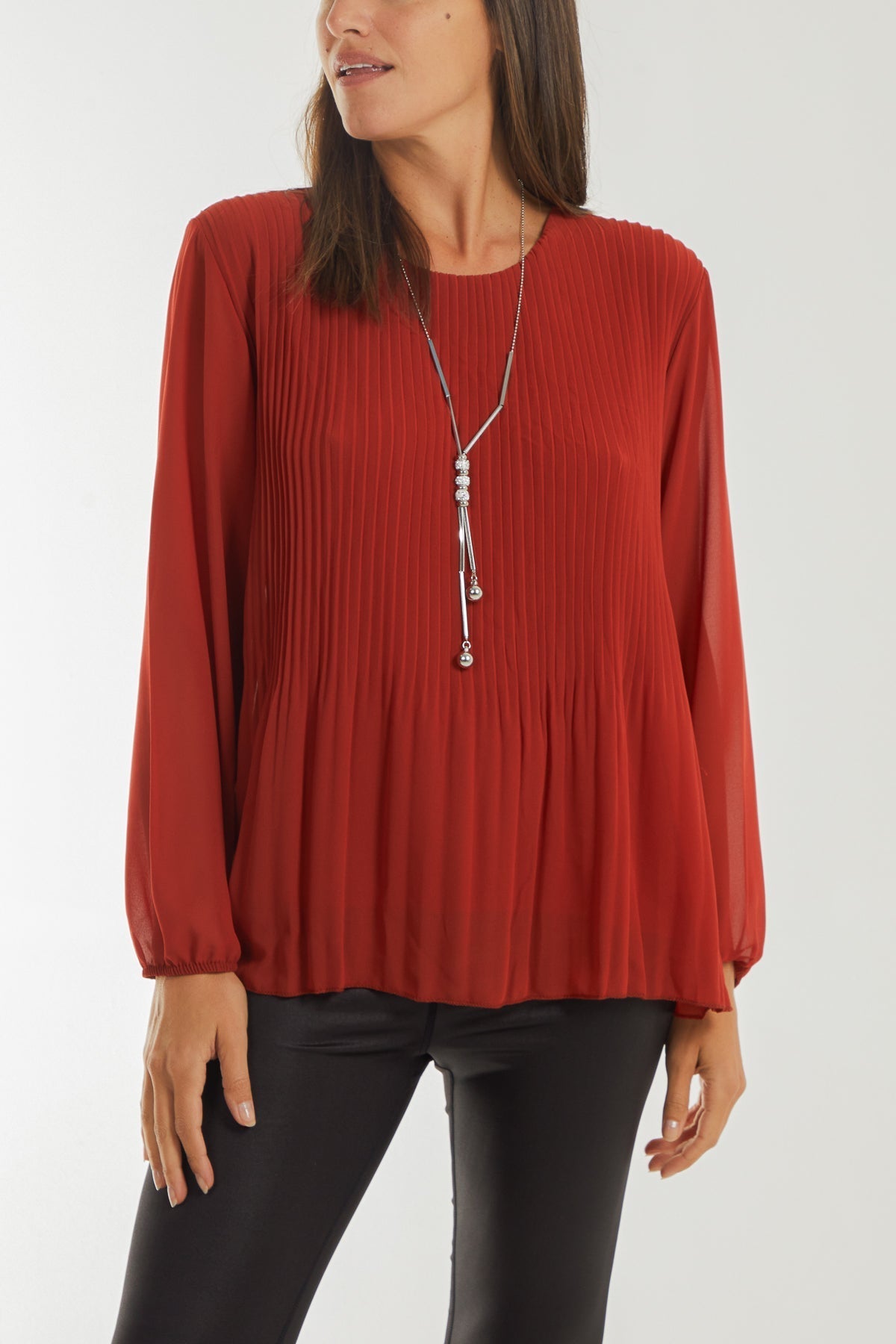Pleated Long Sleeve Necklace Top For Women  - Dropwear