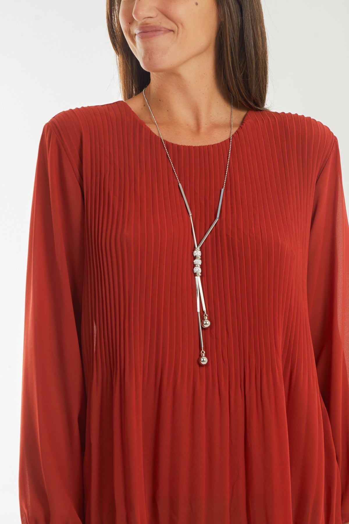 Pleated Long Sleeve Necklace Top For Women  - Dropwear