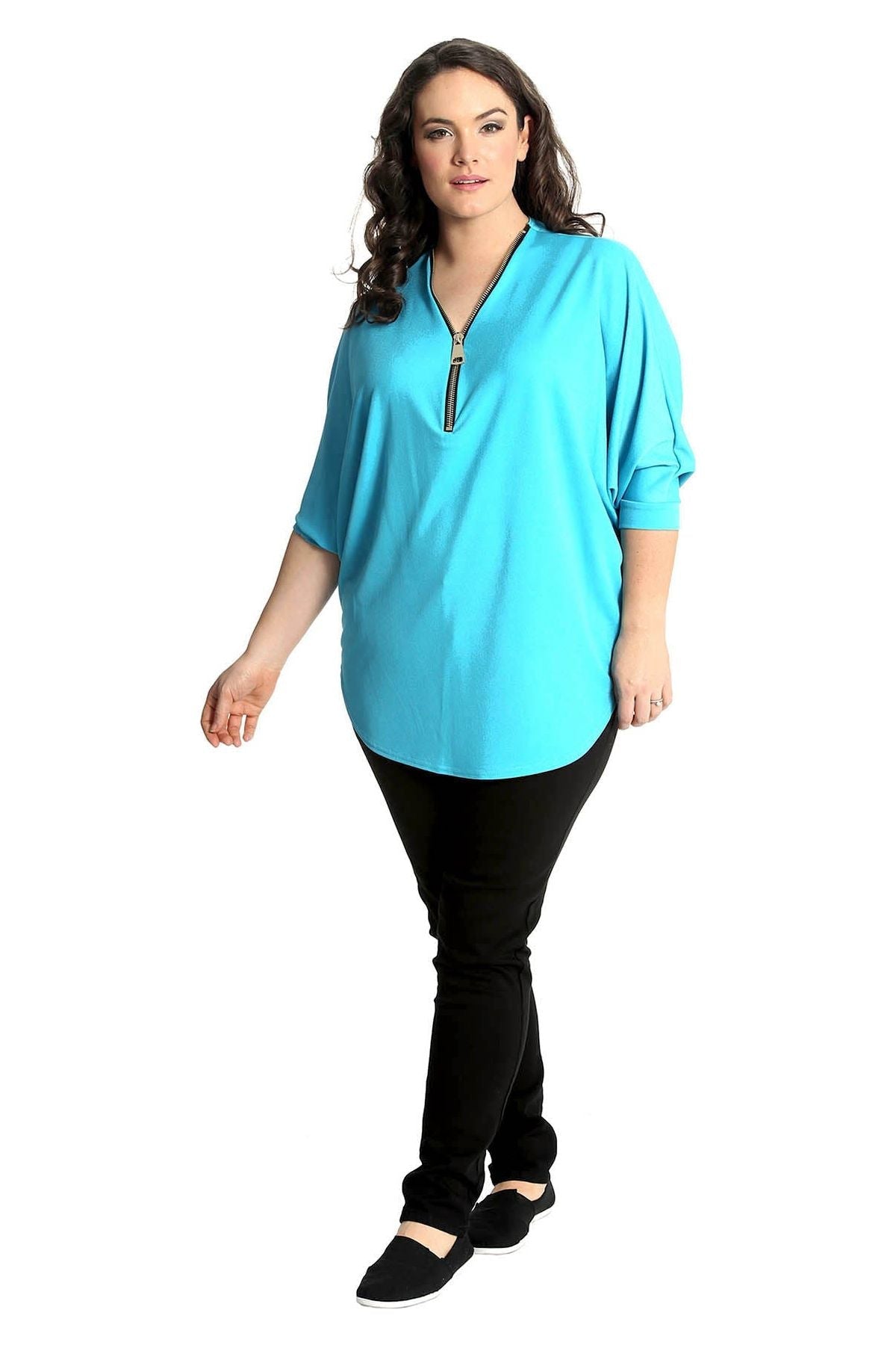 Zip Curved Hem V-Neck Batwing Sleeve Top For Women  - Dropwear