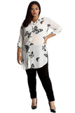 Cream Butterfly Print Side Slit Curved Hem Top For Women 28 - Dropwear