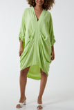 Lime V Neck Draped Midi Dress For Women ONE SIZE - Dropwear