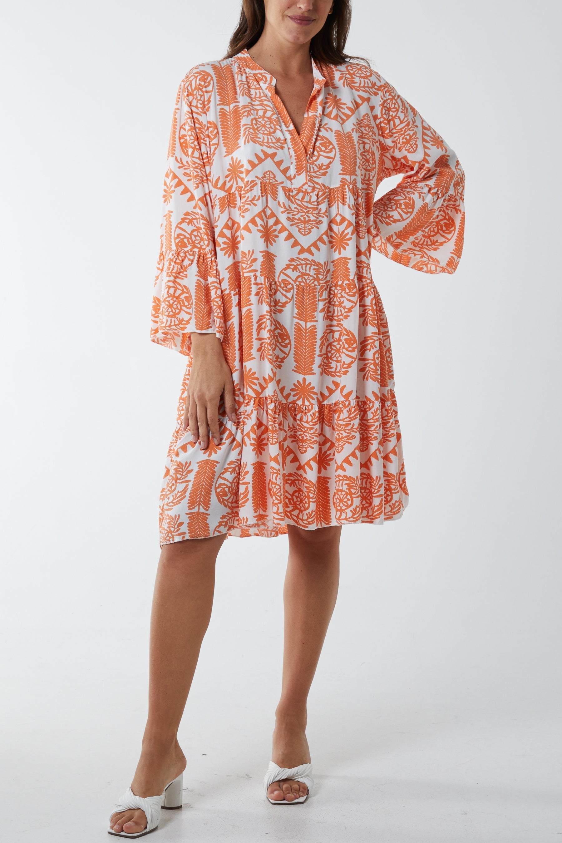 Tiered Baroque Floral Smock Print Dress For Women  - Dropwear