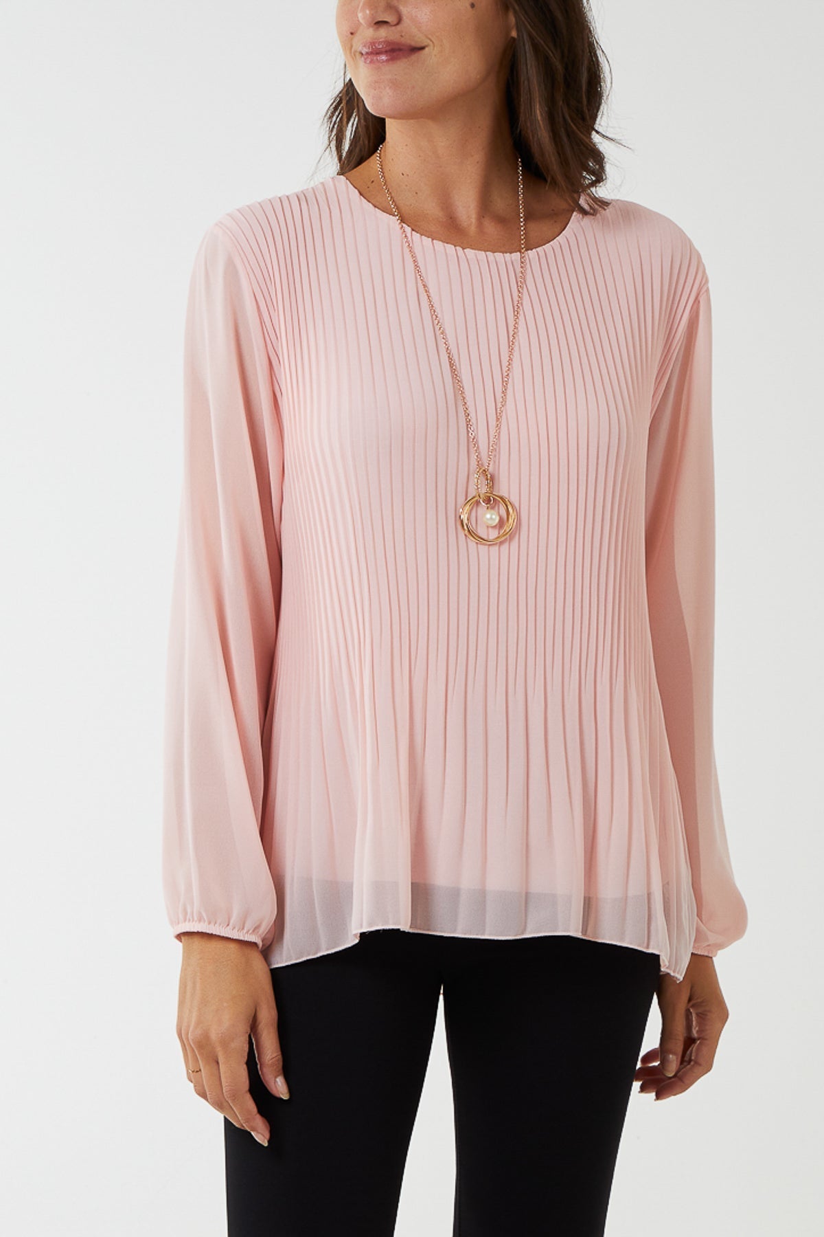 Pleated Long Sleeve Necklace Top For Women  - Dropwear