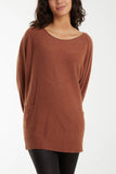 Brown Round Neck Fine Knit Pocket Jumper For Women ONE SIZE - Dropwear