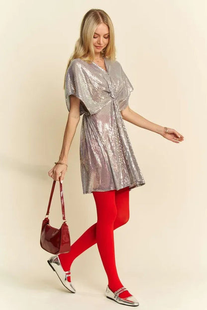 Davi & Dani Sequin Plunge Neck Knot Cut Out Tie Back Party Dress