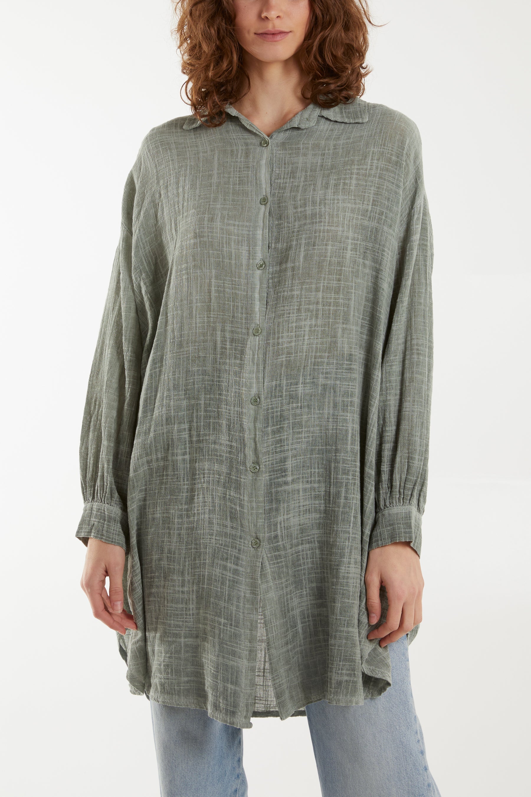 Khaki Oversized Button Through Acid Wash Shirt For Women ONE SIZE - Dropwear