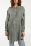 Khaki Oversized Button Through Acid Wash Shirt For Women ONE SIZE - Dropwear