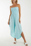 Hot Pink Shirred Top Asymmetric Hem Strapless Jumpsuit For Women ONE SIZE - Dropwear