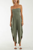 Khaki Shirred Top Asymmetric Hem Strapless Jumpsuit For Women ONE SIZE - Dropwear