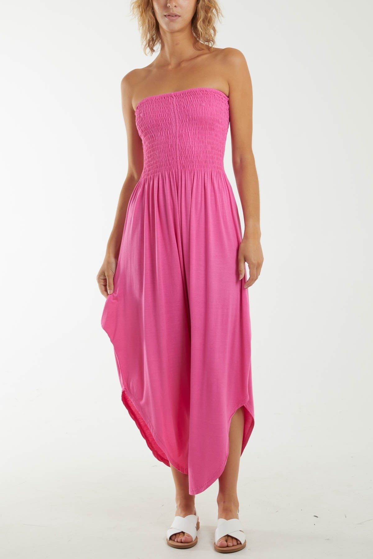 Shirred Top Asymmetric Hem Strapless Jumpsuit For Women  - Dropwear