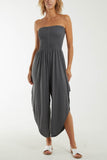 Denim Shirred Top Asymmetric Hem Strapless Jumpsuit For Women ONE SIZE - Dropwear