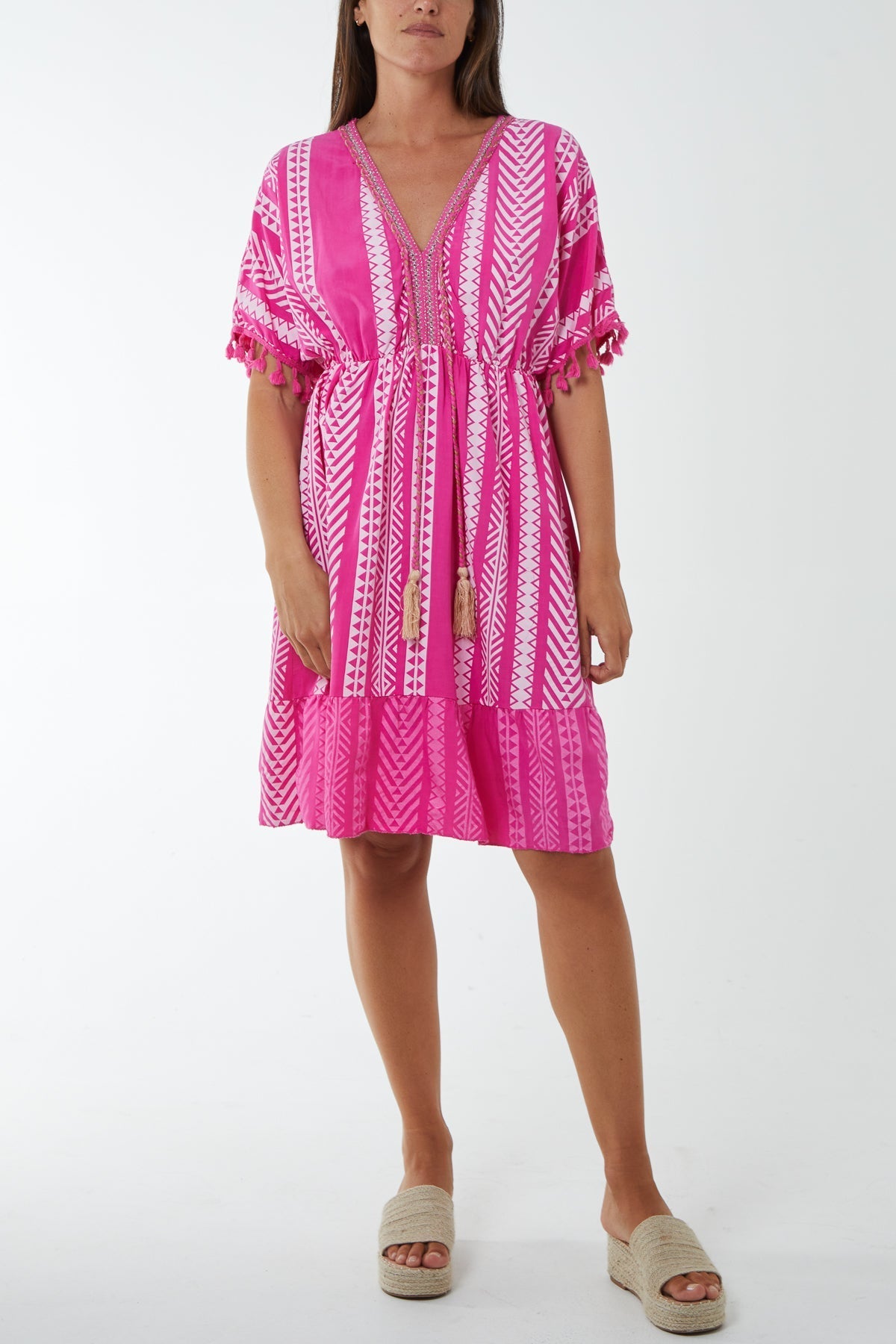 Khaki Aztec Print Mini Dress with Tassels For Women ONE SIZE - Dropwear