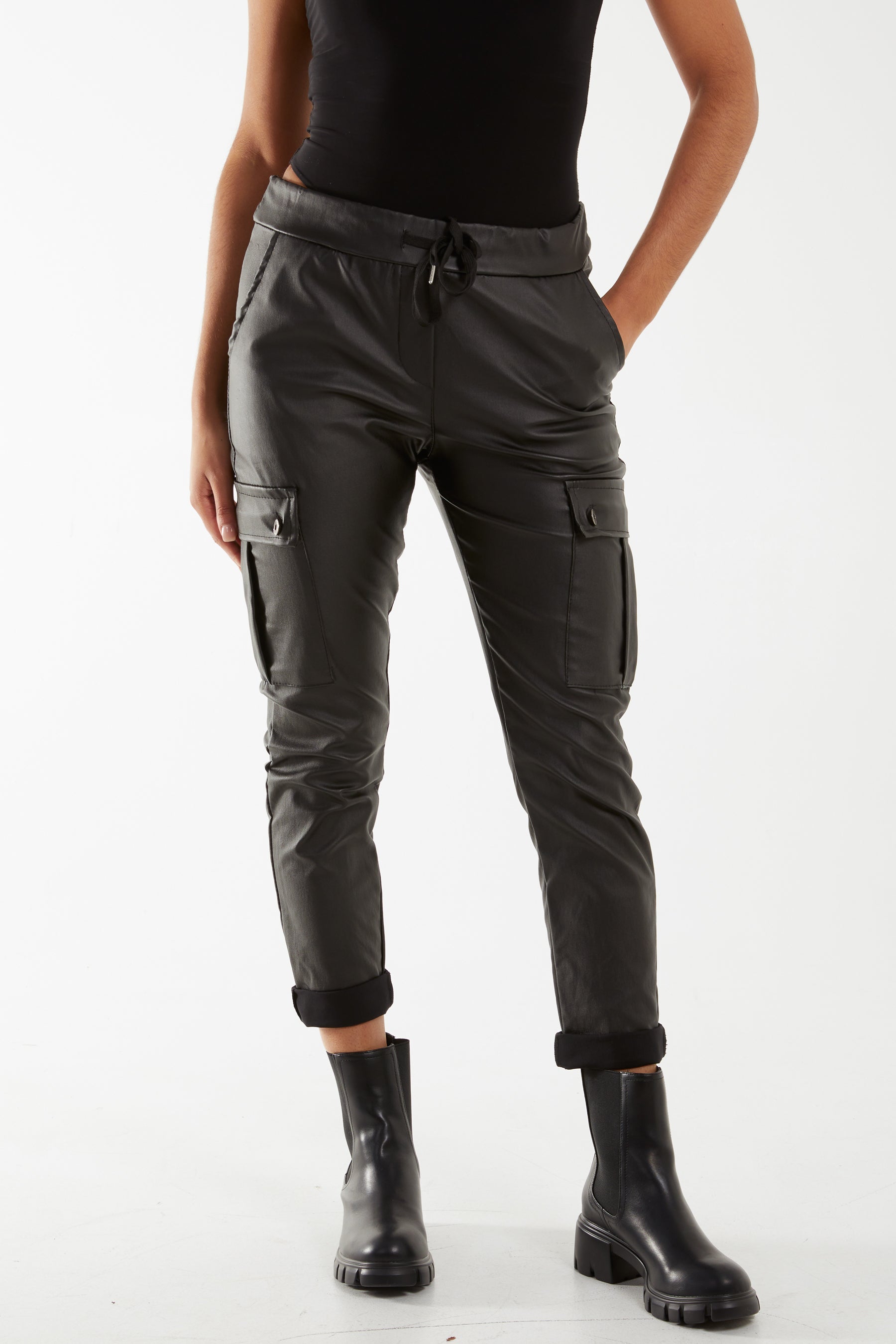 Black Magic Super Stretch PU Coated Cargo Trouser For Women ONE SIZE - Dropwear