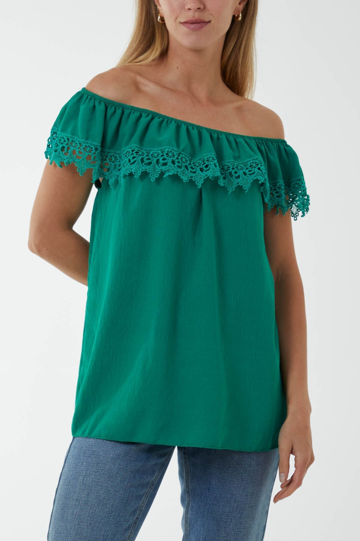 Laced Detail Frill Bardot Top For Women  - Dropwear