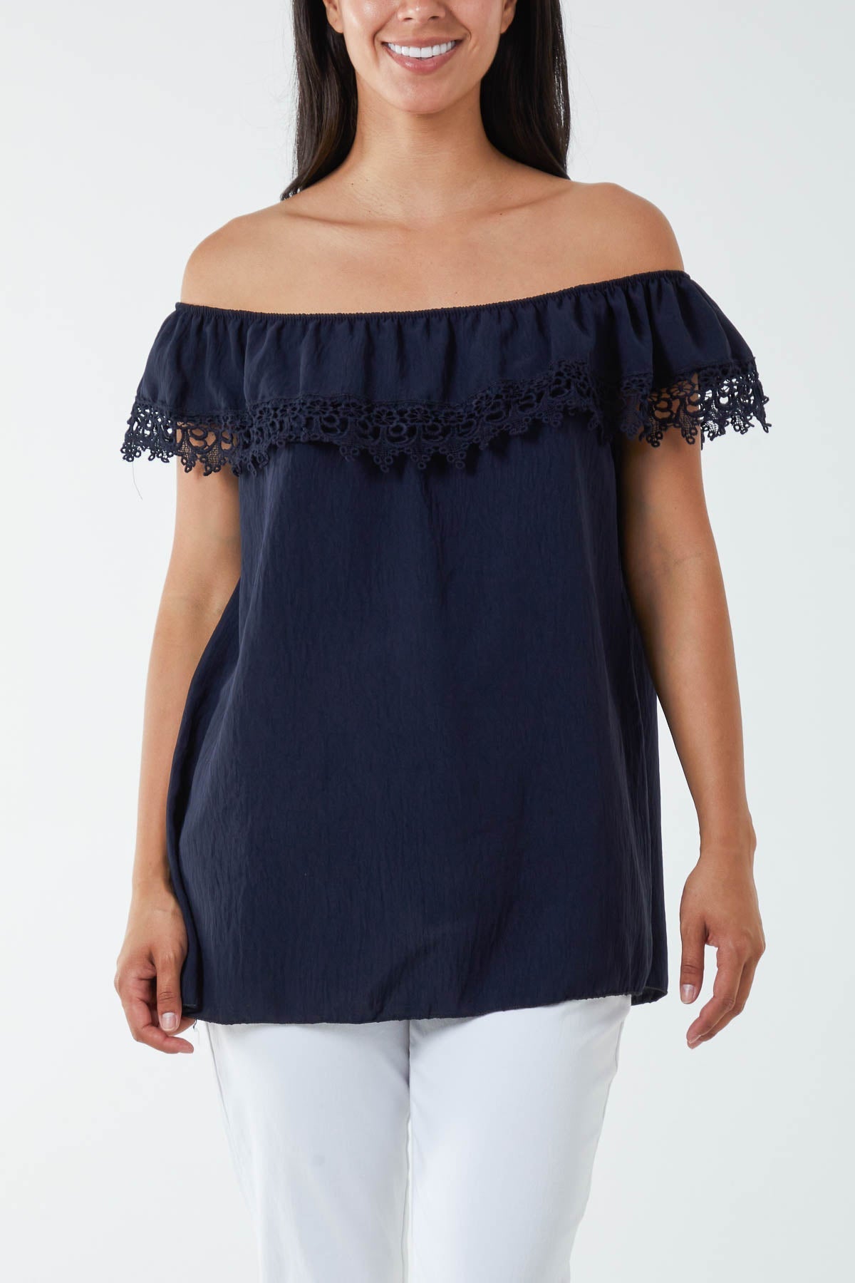 Navy Laced Detail Frill Bardot Top For Women ONE SIZE - Dropwear