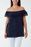Navy Laced Detail Frill Bardot Top For Women ONE SIZE - Dropwear