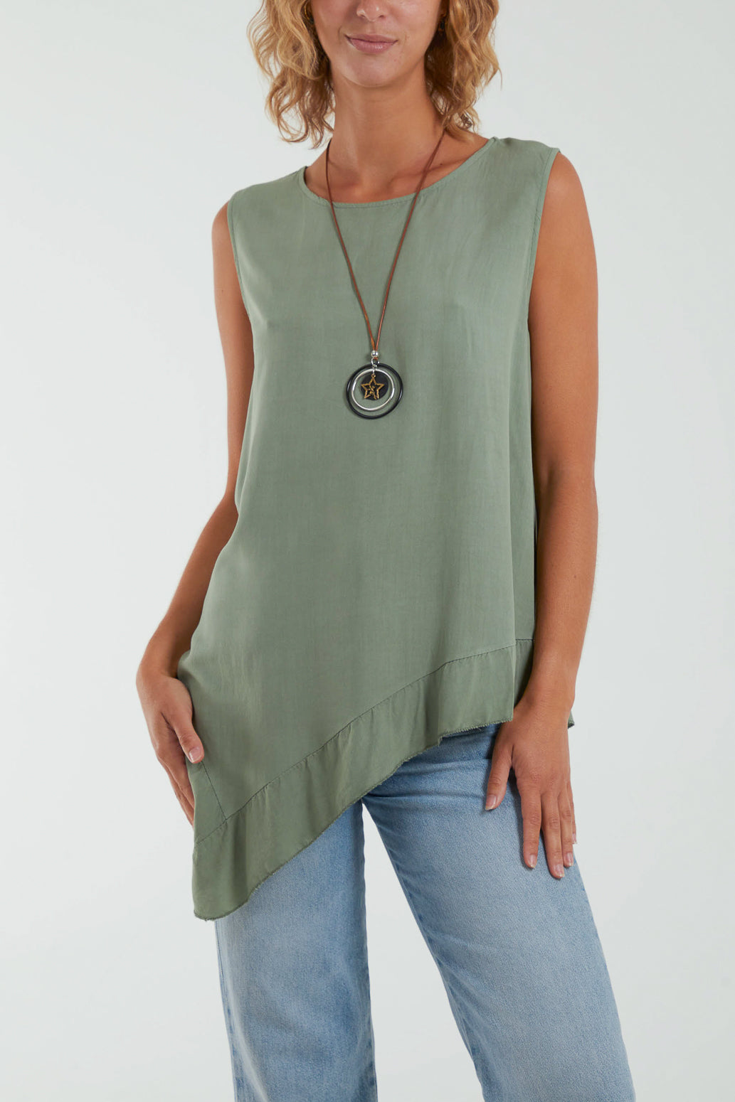 Sleeveless Asymmetric Frill Hem Necklace Top For Women  - Dropwear