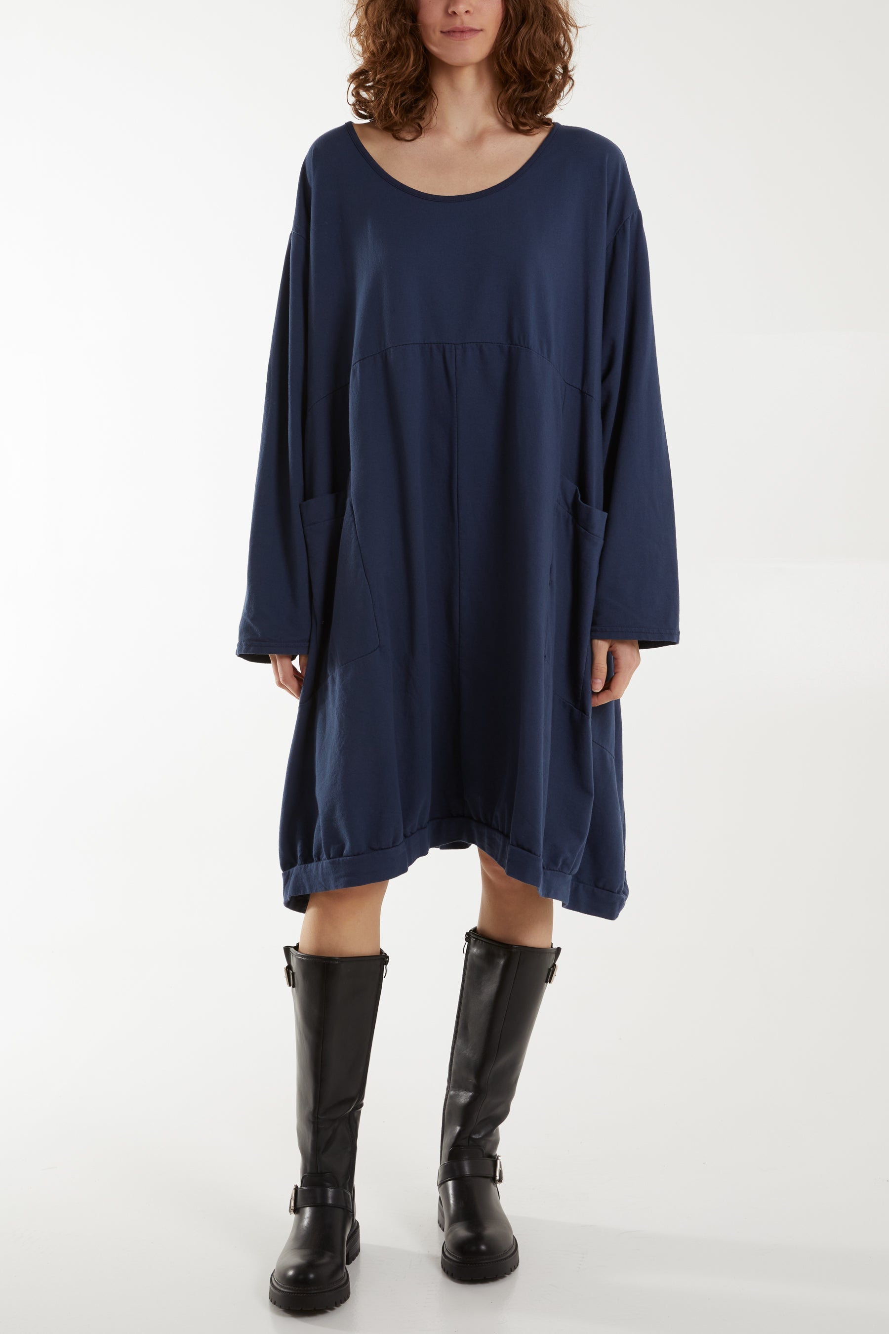 Black Round Neck Pocket Tunic Midi Dress For Women ONE SIZE - Dropwear