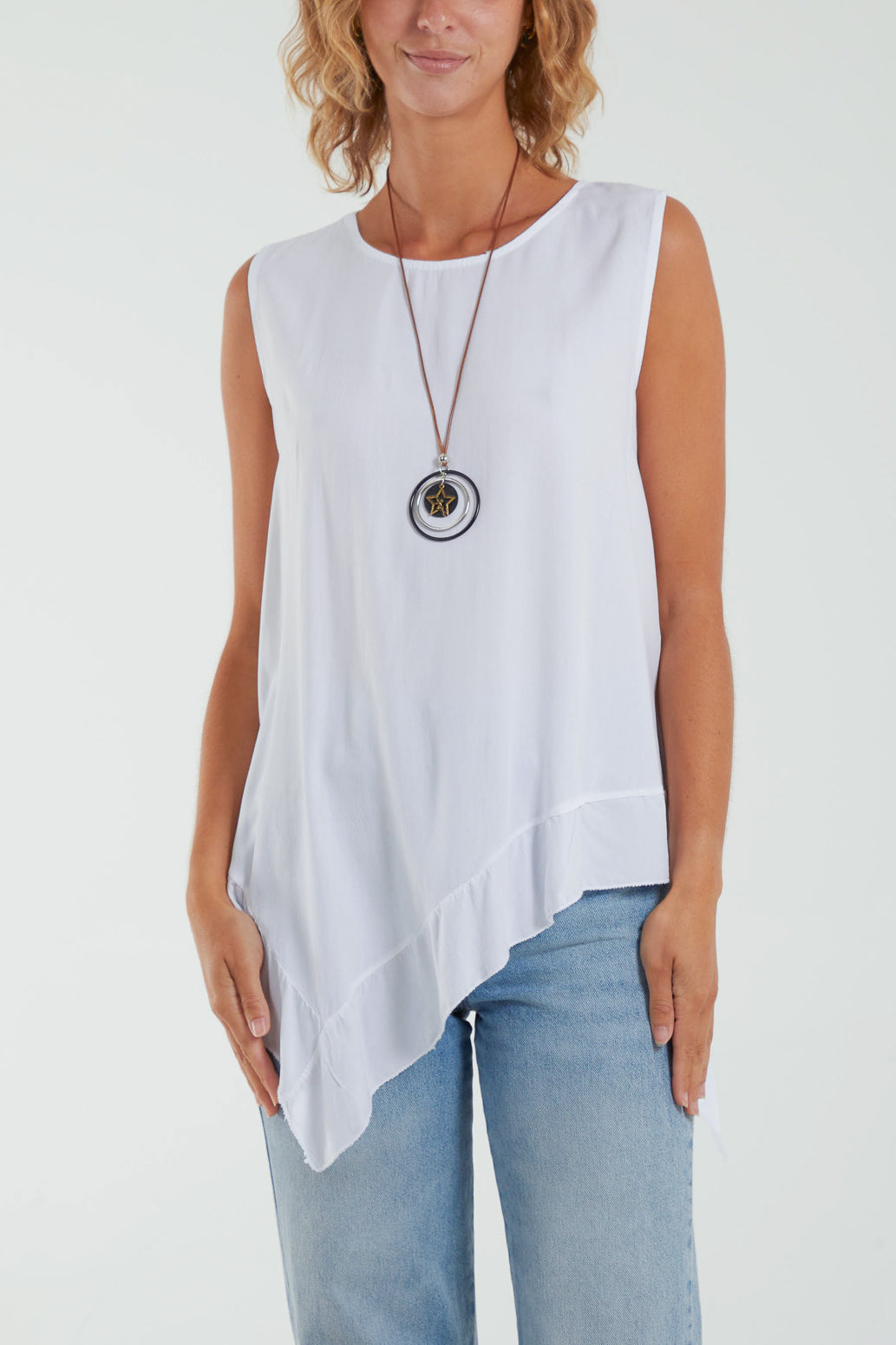 Navy Sleeveless Asymmetric Frill Hem Necklace Top For Women ONE SIZE - Dropwear