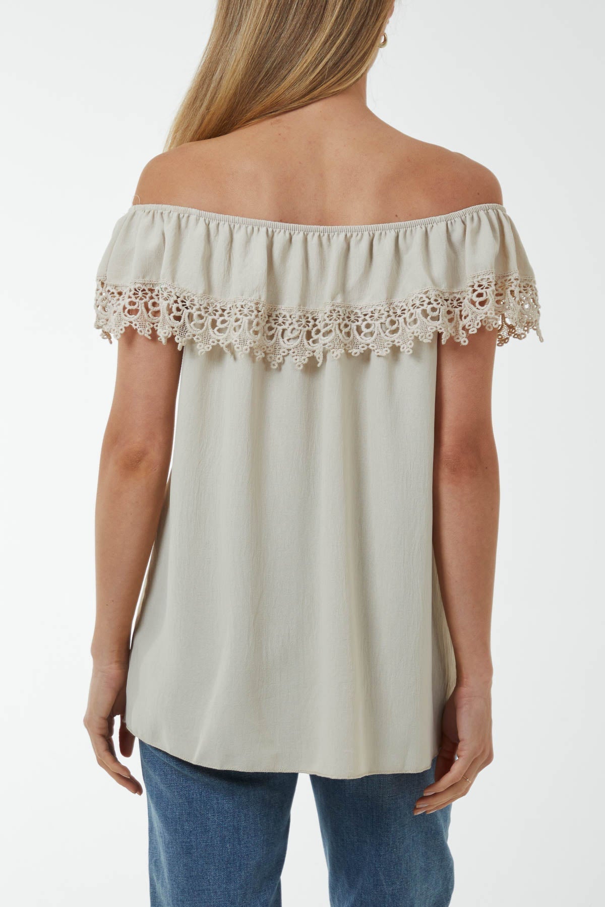 White Laced Detail Frill Bardot Top For Women ONE SIZE - Dropwear