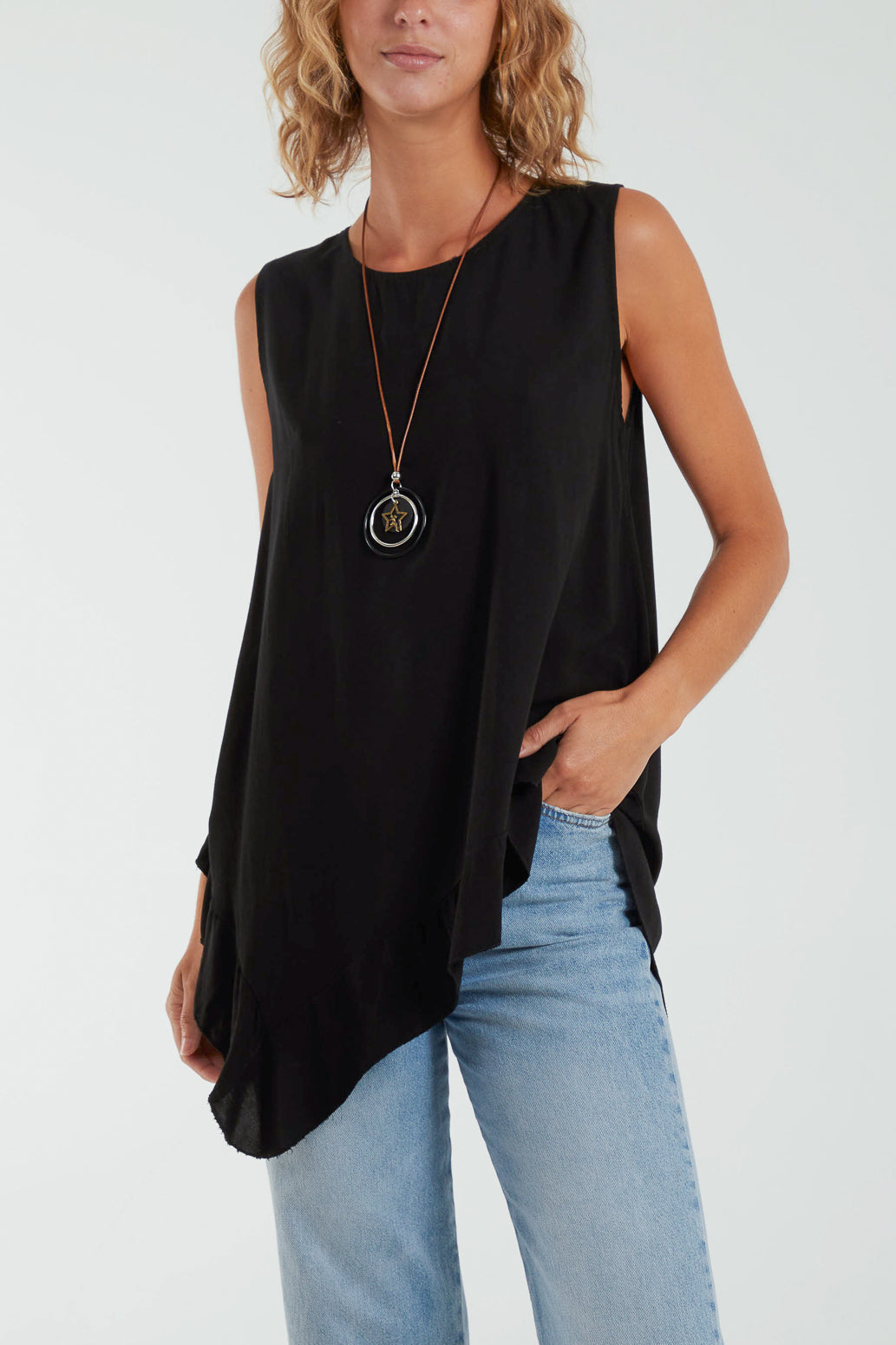 Sleeveless Asymmetric Frill Hem Necklace Top For Women  - Dropwear