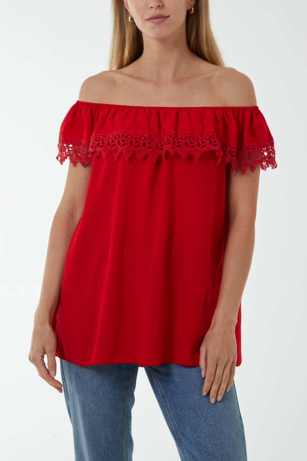Laced Detail Frill Bardot Top For Women  - Dropwear