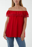 Laced Detail Frill Bardot Top For Women  - Dropwear
