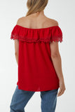 Laced Detail Frill Bardot Top For Women  - Dropwear