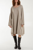 Round Neck Pocket Tunic Midi Dress For Women  - Dropwear