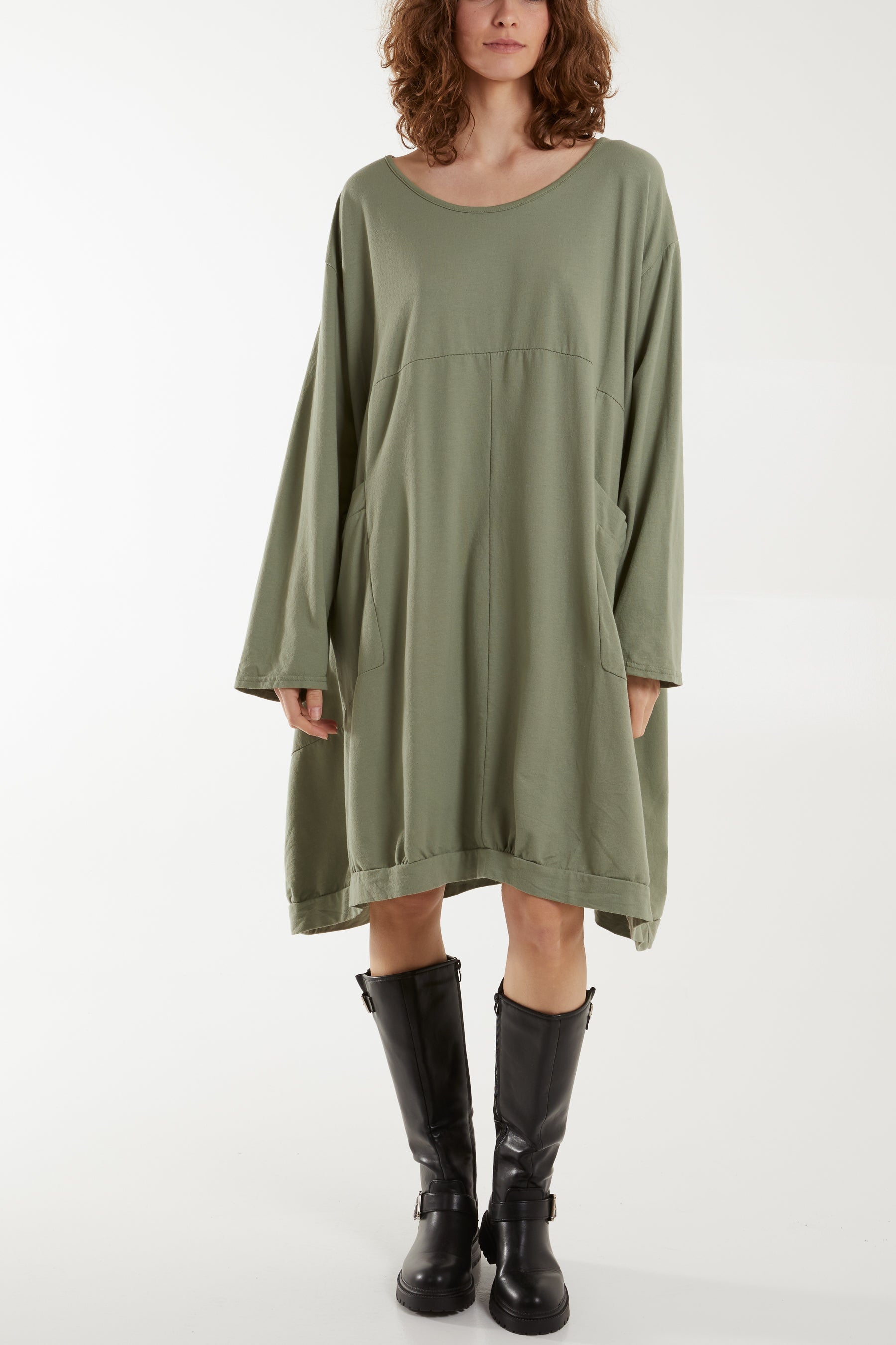 Navy Round Neck Pocket Tunic Midi Dress For Women ONE SIZE - Dropwear