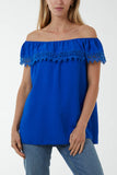Stone Laced Detail Frill Bardot Top For Women ONE SIZE - Dropwear