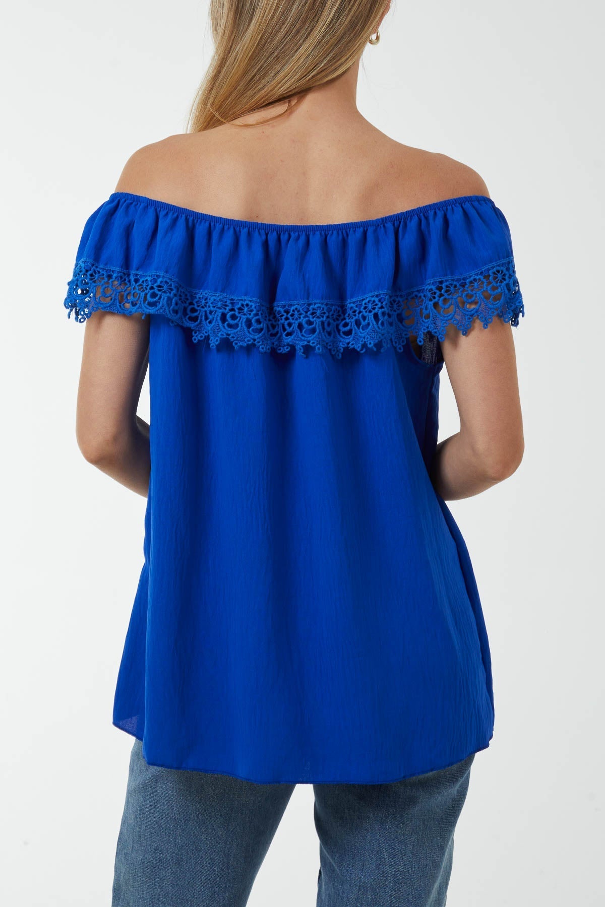 Blue Laced Detail Frill Bardot Top For Women ONE SIZE - Dropwear