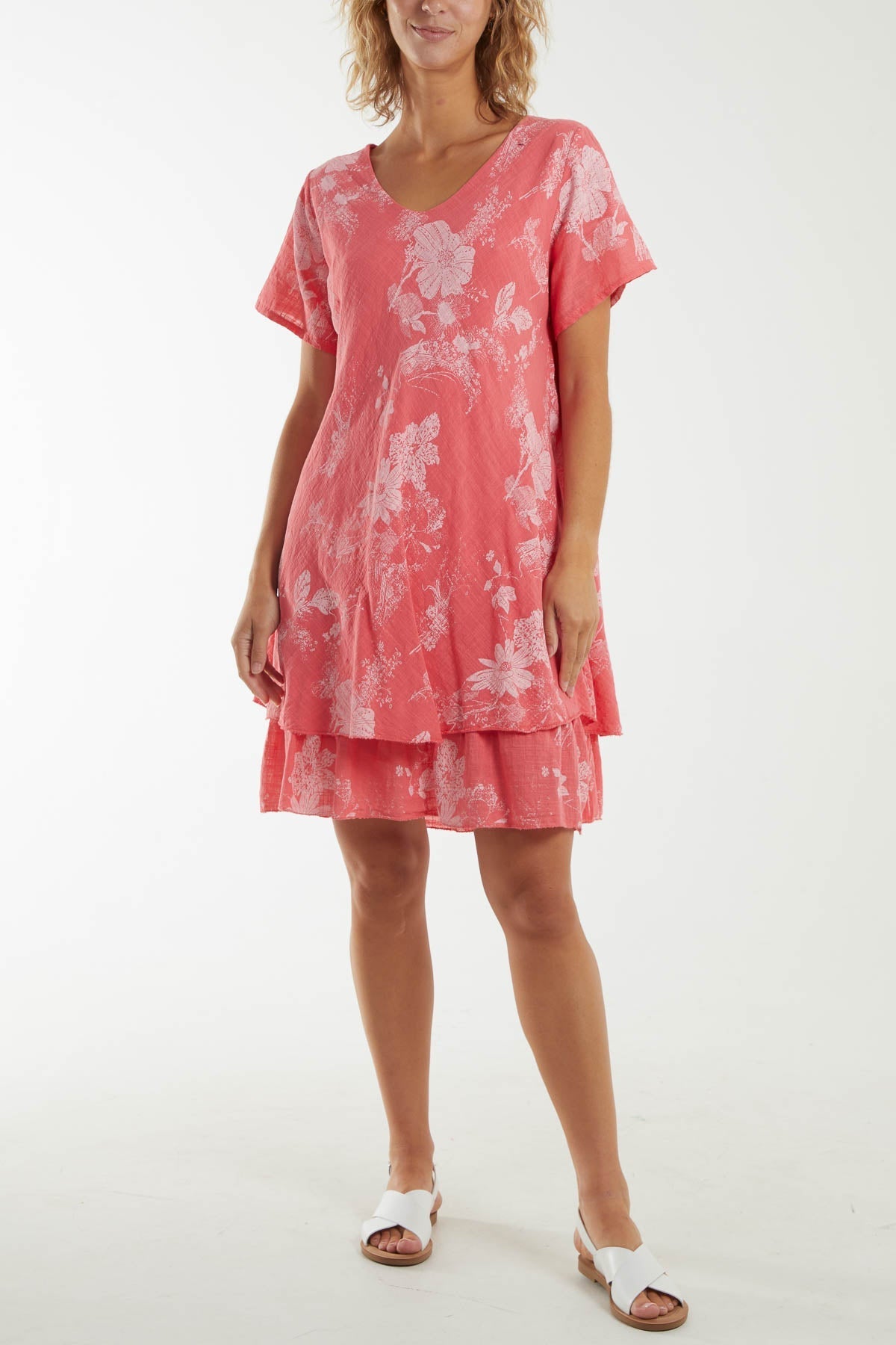 Hot Pink Floral Double Layer Short Sleeve Dress For Women ONE SIZE - Dropwear