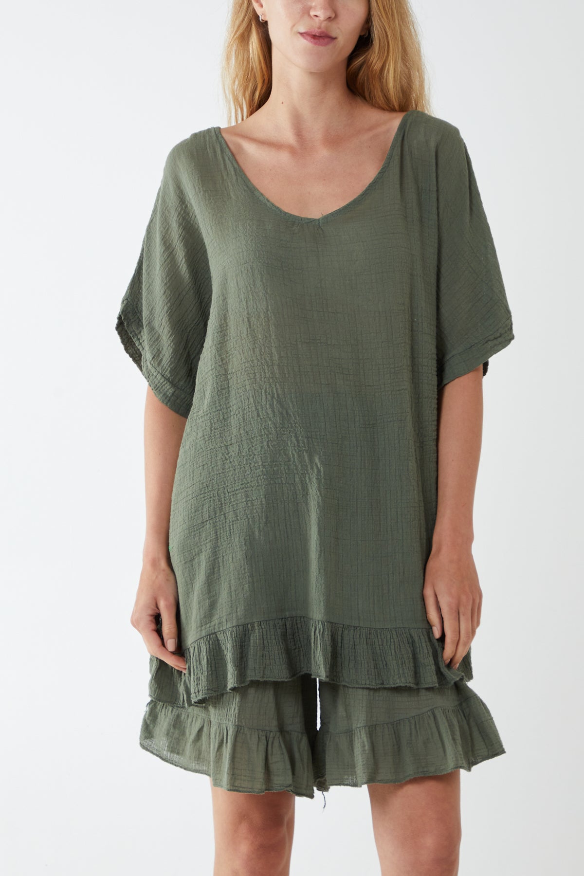 Cotton Blend Frill Hem Top & Short Set For Women  - Dropwear