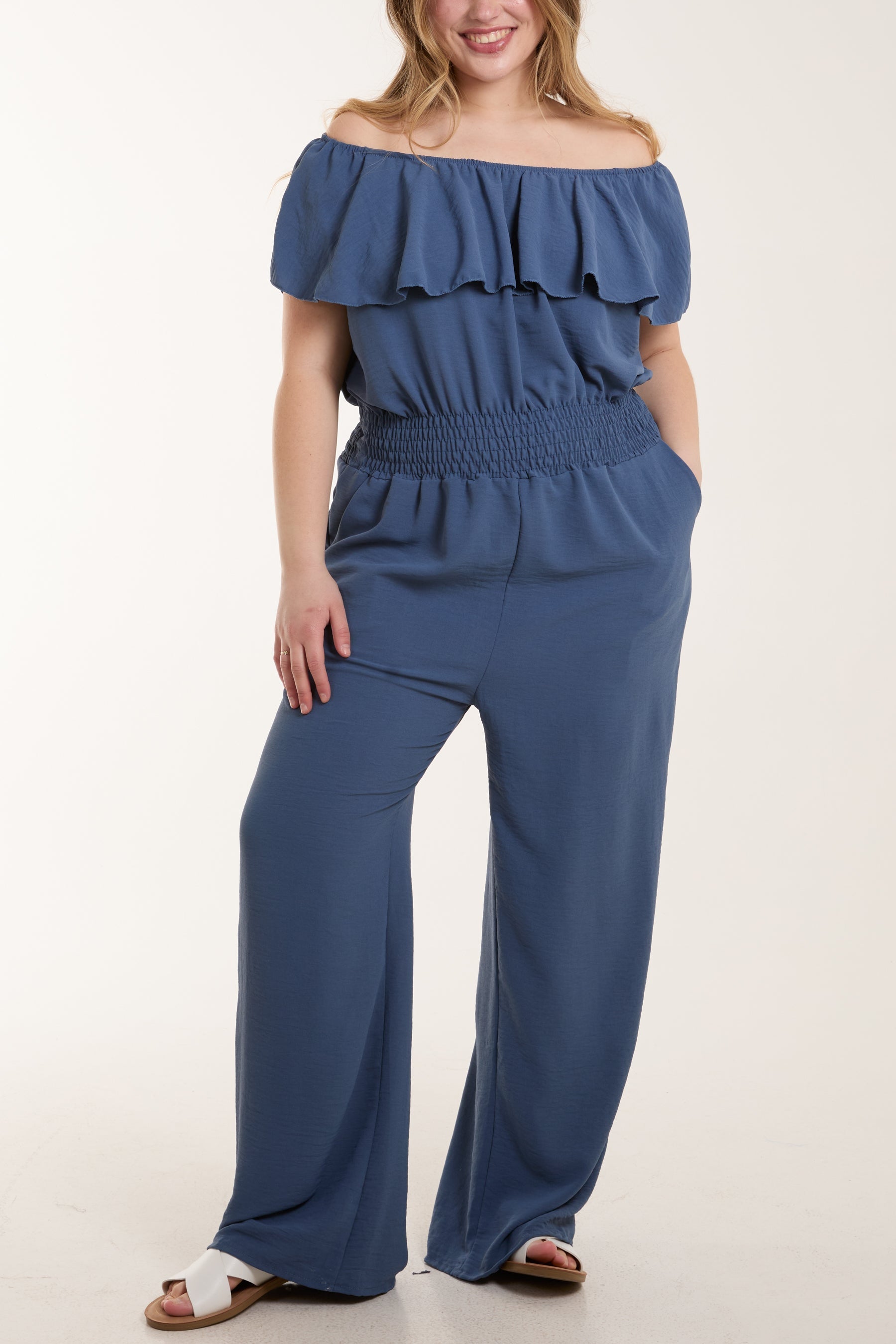 Black Frilled Bardot Shirred Waist Jumpsuit For Women ONE SIZE - Dropwear