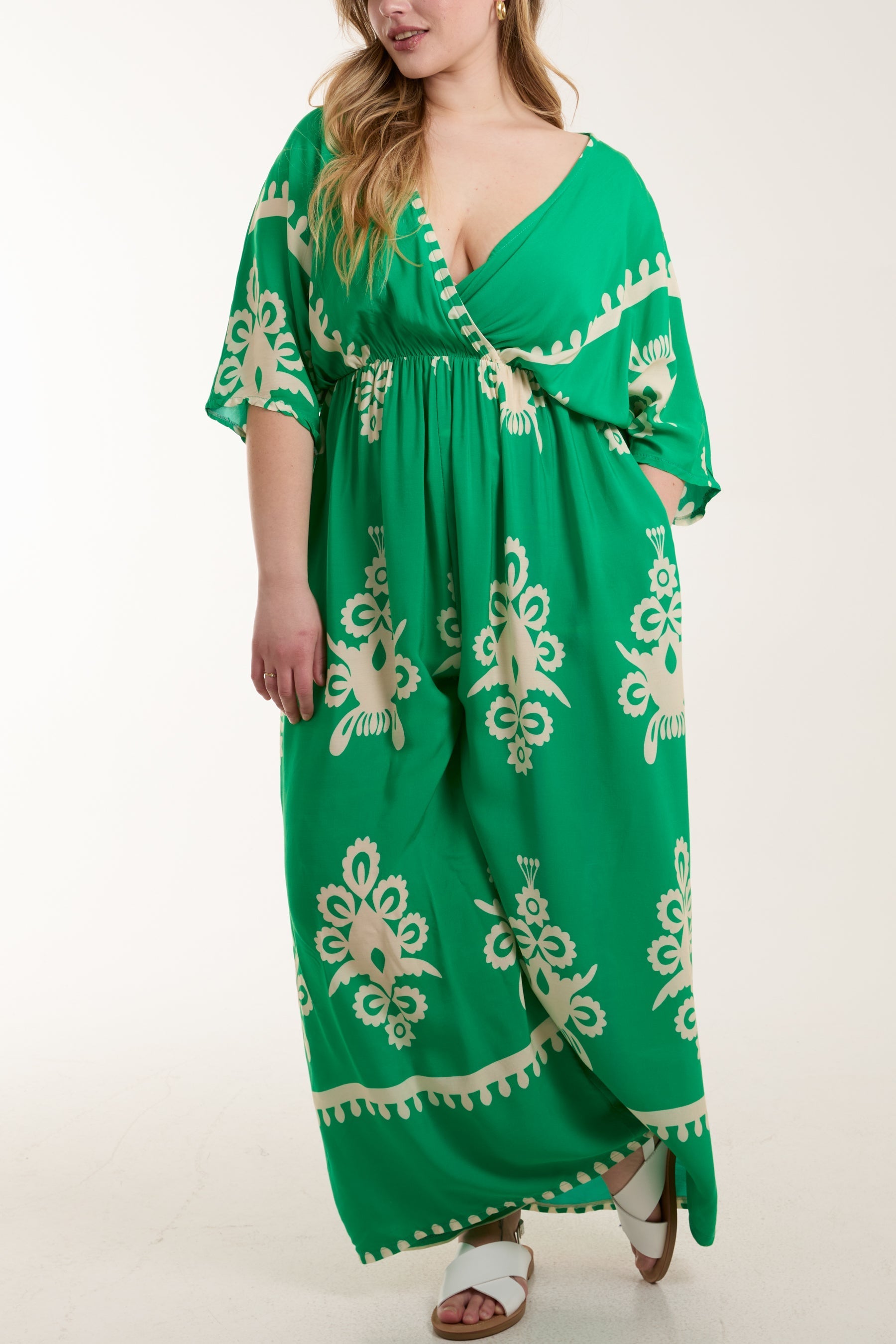 Jade Printed V-Neck Wide Leg Jumpsuit For Women ONE SIZE - Dropwear
