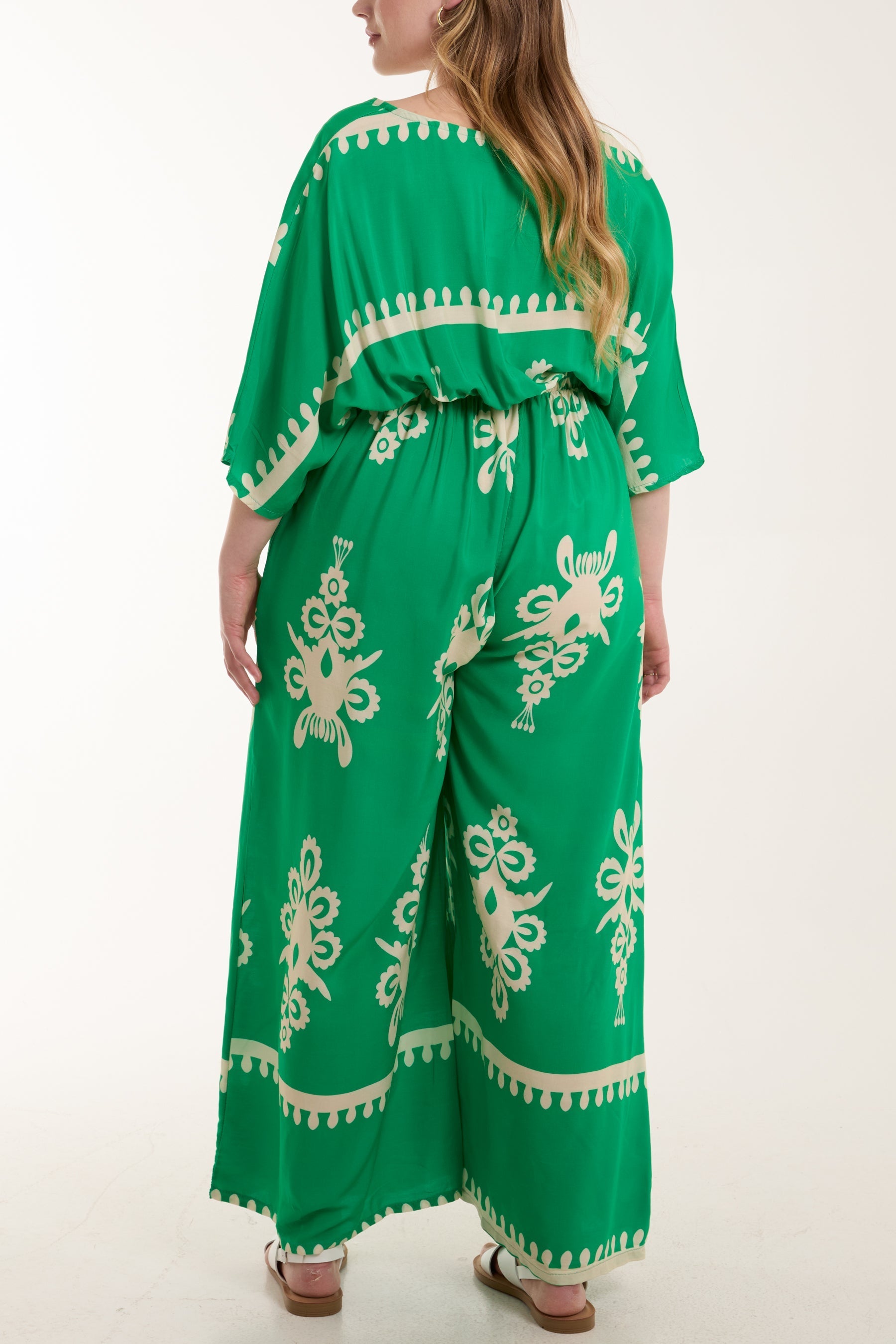 Khaki Printed V-Neck Wide Leg Jumpsuit For Women ONE SIZE - Dropwear