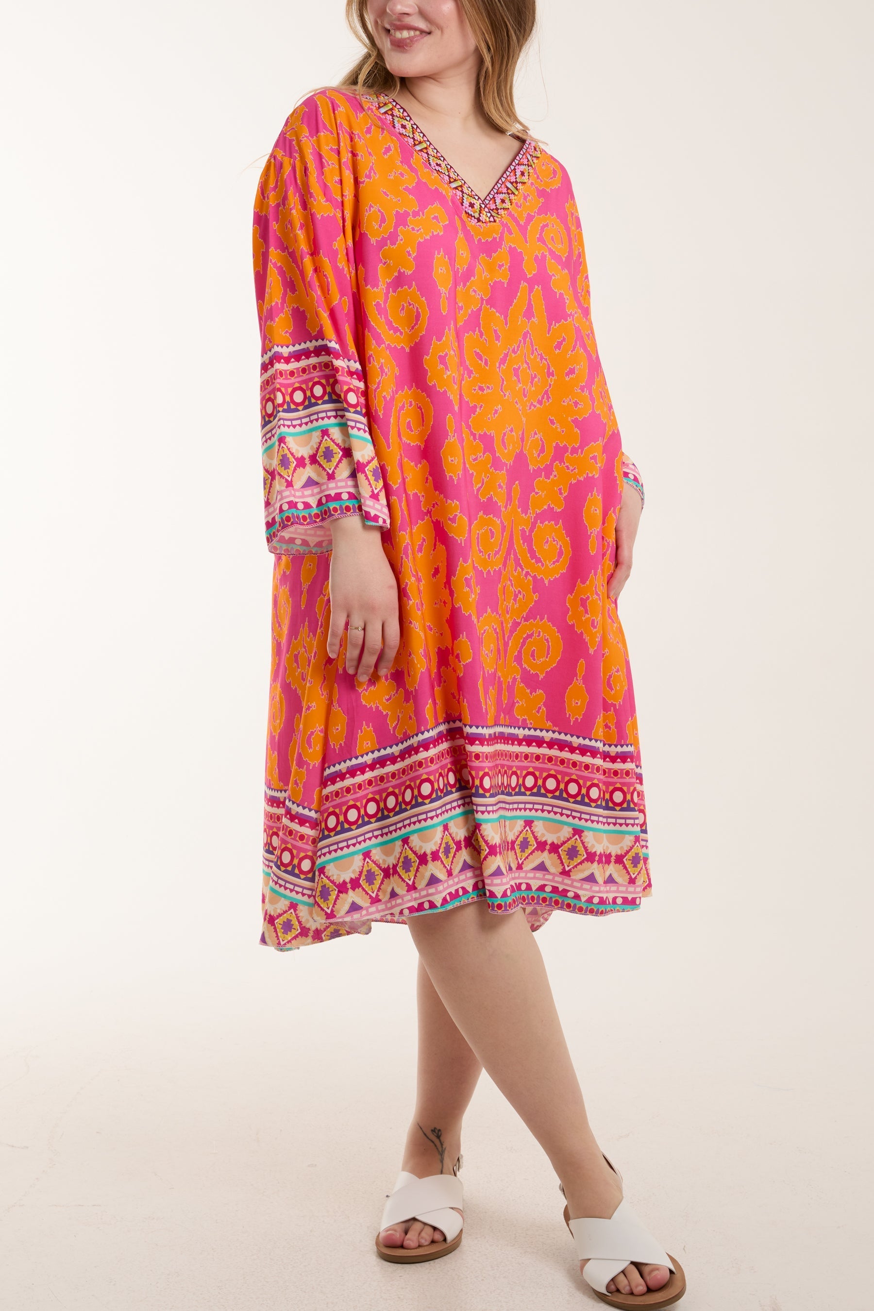 Embroidery V-Neck Printed Tunic Dress For Women  - Dropwear