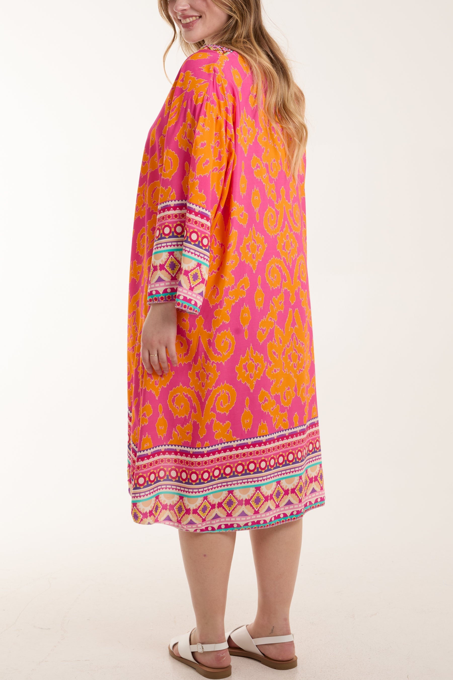 Embroidery V-Neck Printed Tunic Dress For Women  - Dropwear
