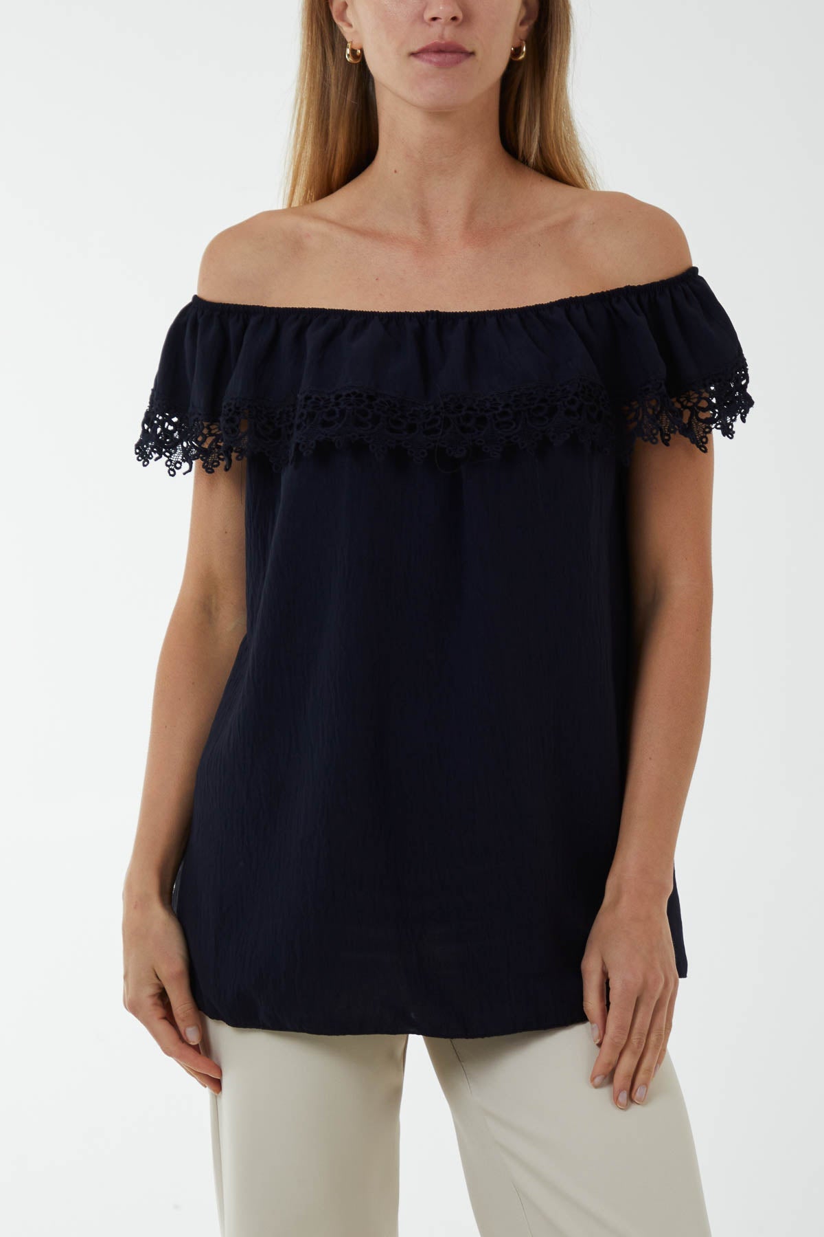 Laced Detail Frill Bardot Top For Women  - Dropwear