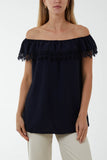 Laced Detail Frill Bardot Top For Women  - Dropwear