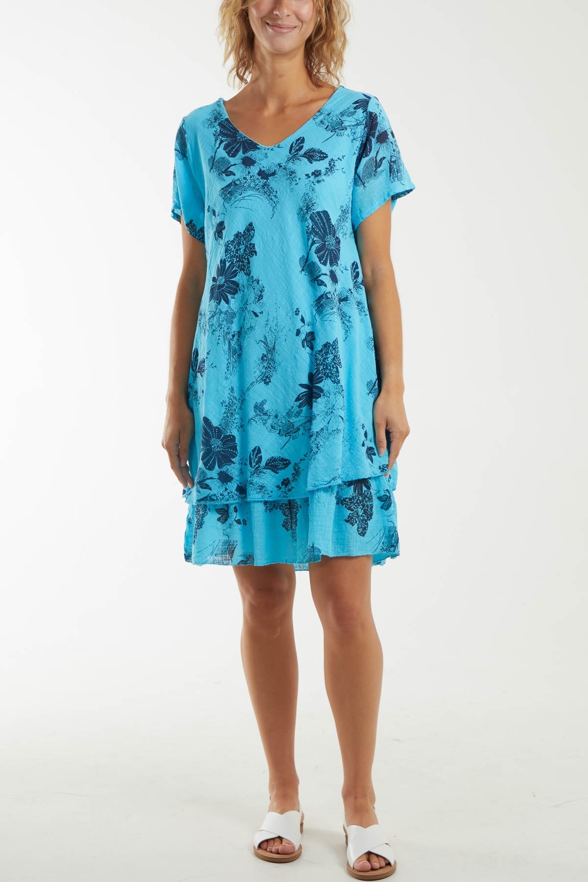 Light Blue Floral Double Layer Short Sleeve Dress For Women ONE SIZE - Dropwear